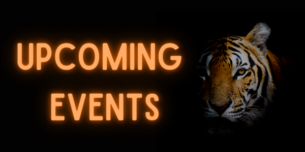 Orange words Upcoming Events with Tiger on a black background