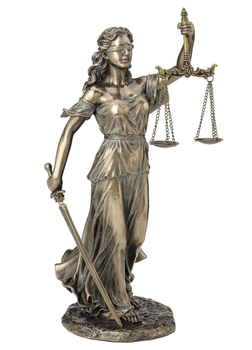 image of a bronze sculpture of lady justice, blindfolded, holding the scales and a sword
